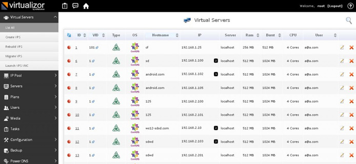 Screenshot of Virtualizor interface